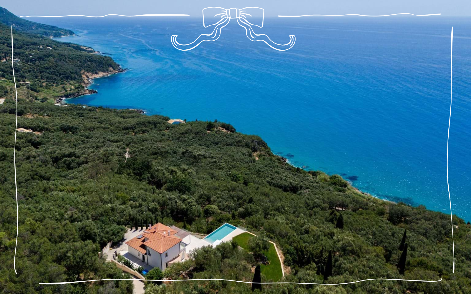 SERENITY, Pentati, Corfu, 2,900,000 €, 3 Bedrooms 4 Bathrooms, Land Size - 3100 m2. A luxurious hillside villa near Pentati on Corfu's west coast, offering breathtaking 180° sea views and unforgettable sunsets.